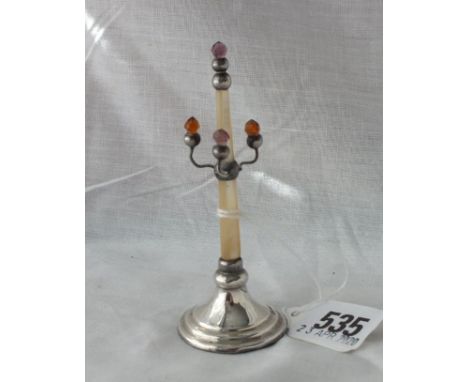 Unusual ring stand with MOP column and gem stone mounted hangers – B’ham 1912, 4” high      