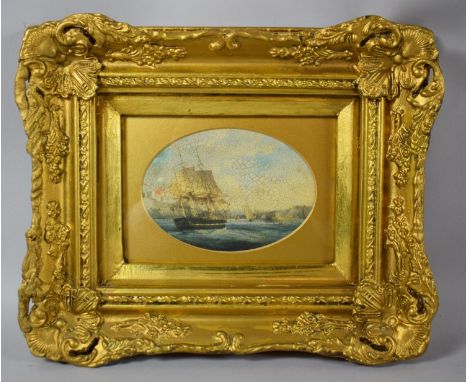 A Reproduction Gilt Framed Oval Print of a Tall Ship, 25cm wide 