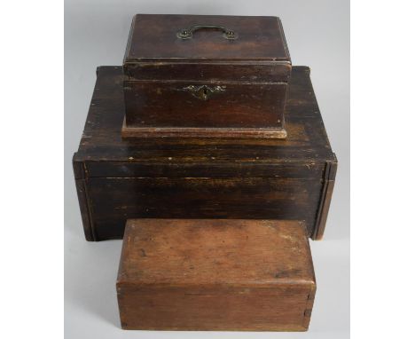 A 19th Century Mahogany Tea Caddy Box For Restoration Together with Two Wooden Work Boxes 