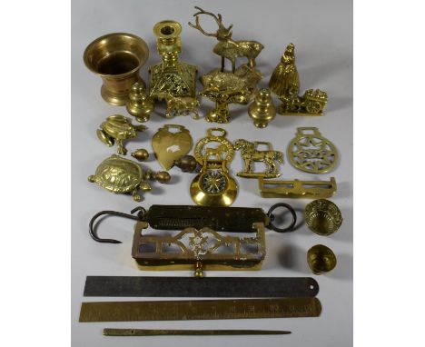 A Collection of Various Brass Items to Include Candlestick, Stag Ornament, Mortar, Bell, Horse Brasses etc 