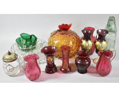 A Collection of Coloured and Plain Glassware to Include Two Cranberry Glass Jugs, Pair of Ruby Glass Vases, Marble Stop Bottl