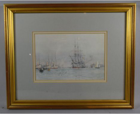 A Gilt Framed 20th Century Print Depicting HMS Victory in Harbour with Seagulls and Dinghies to Foreground, after Wylie, 53cm