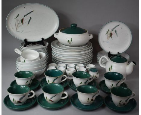 A Denby Greenwheat Breakfast Set to Comprise Cups, Saucers, Lidded Tureen, Teapot, Oval Serving Dish, Eggcups, Side Plates, L