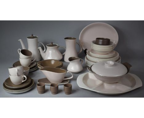 A Poole Pink Glazed Part Dinner and Tea Set to comprise Fondue, Bowls, Plates, Oval Serving Dish, Sauce Boat on Stand, Jugs, 