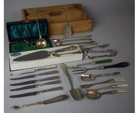 A Wooden Two Division Knife Box Containing Silver and Silver Plated Cutlery, Mother of Pearl Handled Pickle Forks etc 