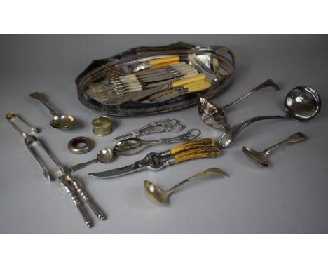 An Oval Silver Plated Pierced Gallery Tray with Two Handles Containing Various Silver Plated Cutlery to Include Two Ladles, B