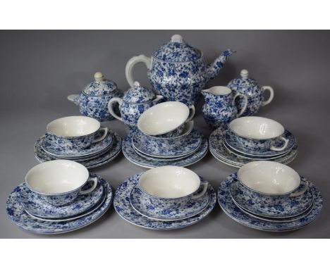 A Belgian Blue and White Transfer Printed Tea Set Comprising Teapot, Cups, Saucers, Side Plates, Lidded Sugars, Milk, Hot Wat