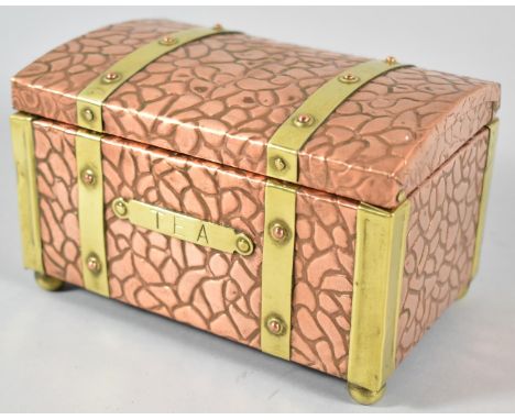 A Mid 20th Century Copper and Brass Tea Caddy in the Form of a Travelling Trunk, 15cms Wide 