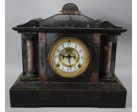 A French Slate and Marble Mantle Clock of Architectural Form, In Need of Restoration, 37.5cm wide 