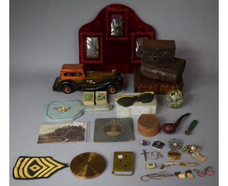 A Collection of Curios to Include Wooden Model of Vintage Car, Tinplate Money Box and Two Other Vintage, Oriental Cigarette C