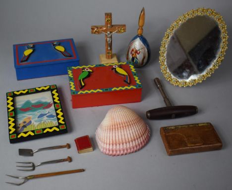 A Collection of Curios to Include Two Painted Boxes, Crucifix, Oval Easel Back Mirror, Miniature Garden Tools etc 
