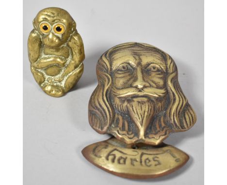 A Small Brass Spill Vase in the form of a Seated Monkey with Glass Eyes Together with a Moulded Brass Charles I Door Knocker,