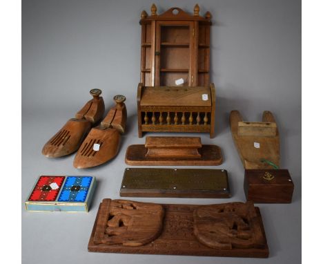 A Box of Treenware to Include Boot Pull, Shoe Trees, Cribbage Board, Boxes, Elephant Book Slide etc 