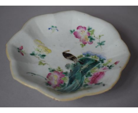 A Chinese Daoguang Period Famille Rose Floral Shaped Footed Dish Decorated with Blackbird and Flowers, Wax Seal Mark and Red 