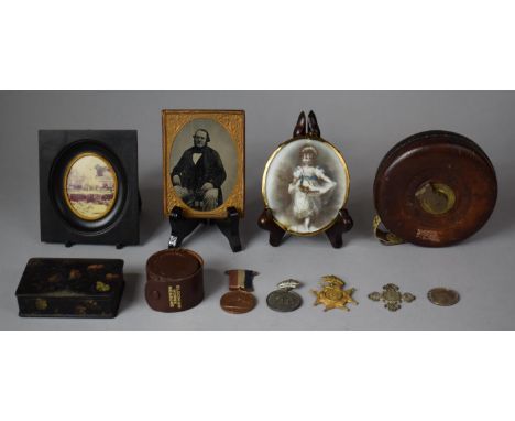 A Collection of Curios to Include Framed Photograph and Miniature, Leather Cased Tape Measure, Coronation Medallions, Lacquer