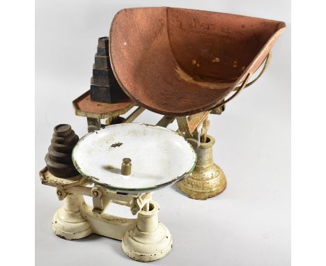 A Vintage Metal Set of Vegetable Scales and a Kitchen Scale, Both with Weights 