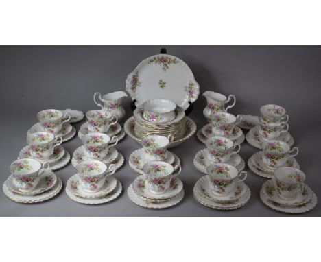 A Royal Albert Moss Rose Pattern Tea and Part Dinner Service to Comprise Cups, Saucers, Side Plates, Sugar Bowl, Serving Bowl