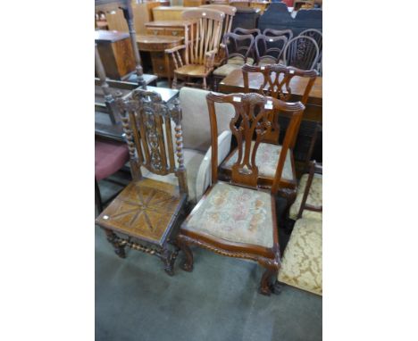A pair of Chippendale Revival carved mahogany chairs, a 19th Century French carved oak chair and an Art Deco upholstered fire