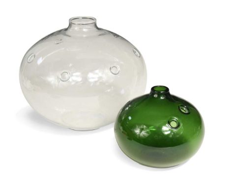 Michael Bang for Holmegaard, two 'Hul' bubble vases, circa 1973, the larger in clear glass, the smaller in dark green glass, 