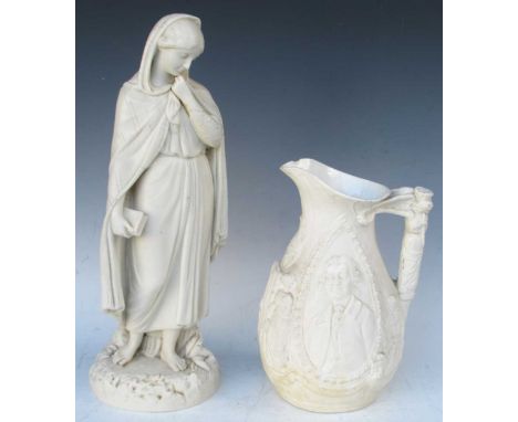 19th century Parian commemorative jug moulded with a portrait of Josiah Wedgwood 27cm High, together with a 19th century Pari