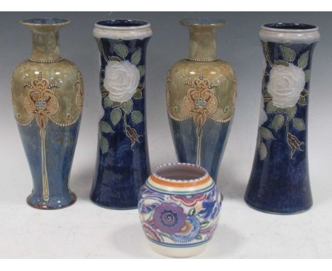 A pair of Doulton stoneware baluster vases, 33cm high; another pair of tapering form, decorated with roses, 33cm high; a Pool