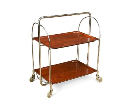 A mid-century folding drinks trolley by Gerlinol, the frame of tubular chrome with two faux timber formica tiers78 x 77 x 42c