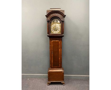 A late 18th century oak longcase clock with associated movement by Rob Schoffield, Arch moon face inscribed 'Time Shews The W