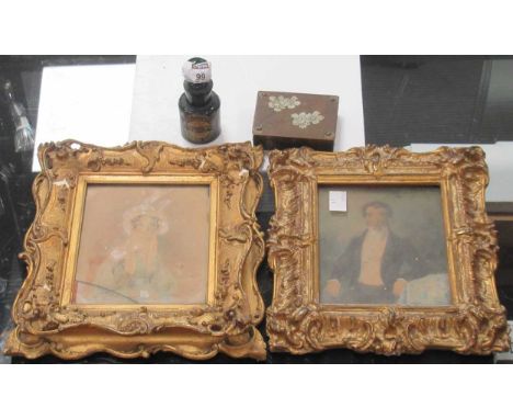 Two Victorian framed portrait miniatures in gilt frames 25 x 22cm framed, a black top hat Vanheems of Berners St, brass stamp