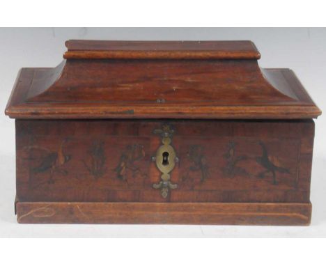 Early 19th century and later walnut marquetry tea caddy with pagoda top, inlaid with tulips, birds of prey, storks and houses