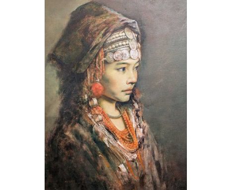 After Zhang Li (Chinese., b.1958) Portrait of a young girl in head dresssigned lower leftprint on canvas laid onto board79m x