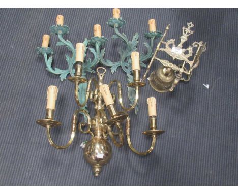A pair of Italian verdigris finish three-branch wall lights; together with a pair of modern brass column table lamps, a brass