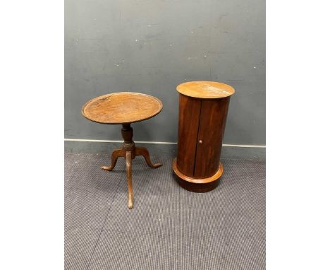 An oak tripod table (cut down), with circular top, 64 x 53cm, and a Victorian cylinder pot cupboard (lacking top) 74 x 38