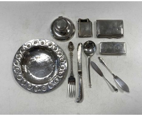 A collection of silverware including an Arts &amp; Crafts dish, flatware, cigarette case, snuff box, Dunhill lighter etc 351g