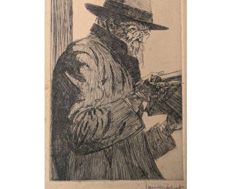 Iain Macnab (Scottish. 1890-1967) A portrait of a man in a hat reading,signed in pencil,etching,16.5cm x 11cm