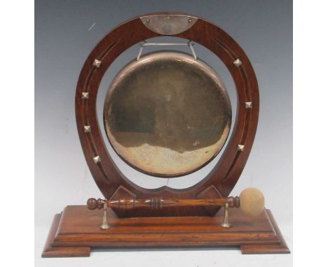 A 20th century oak dinner gong with horseshoe shaped support and turned mallet; together with A barometer by G Edward and Son
