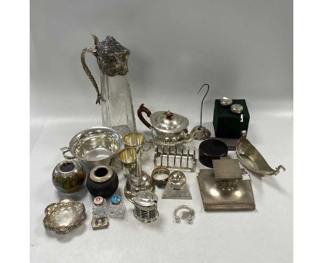 A collection of silver including teapot, toast rack, wine funnel, flatware, inkwell etc. 798g gross weighable silver, togethe