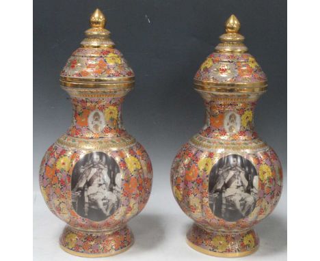 A pair of Thai Bencharong commemorative lidded vases,with central oval black and white portrait commemorating a King of Thail