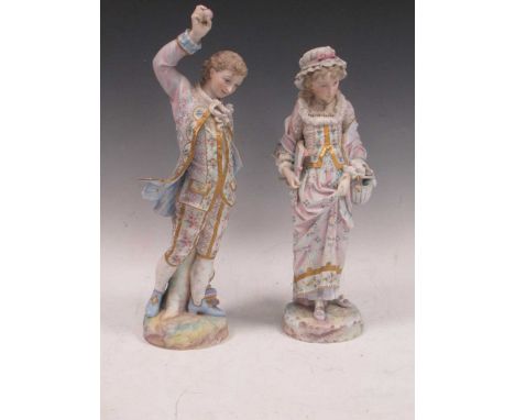 A pair of French bisque porcelain figures by Vian Baury, both in 18th century attire, with anchor mark 44cm High (2)Exhibited