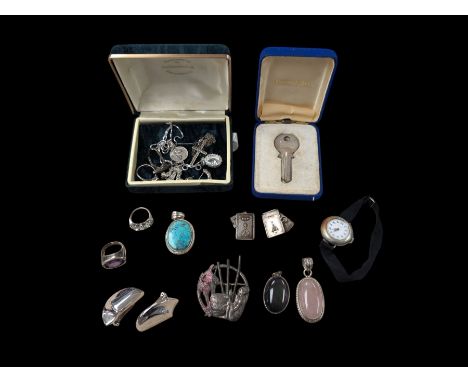 Silver jewellery, including key, snooker cufflinks, pendants, rings, etc, together with a pair of clip on earrings stamped Ch