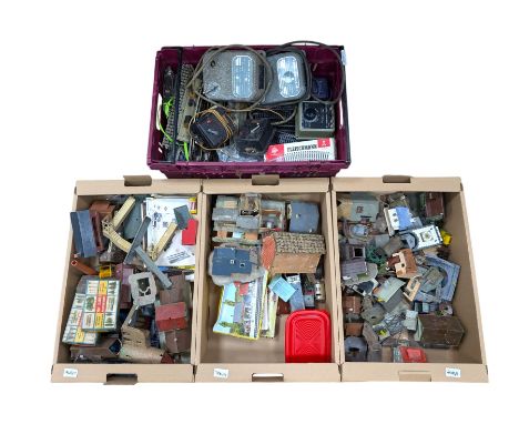 Large collection of '00' gauge model railway accessories, including Faller kit built buildings, Hornby Dublo track, Fleischma