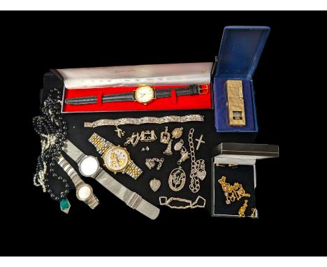 Silver jewellery, including charms, three bracelets and pendant, together with a Seiko wristwatch, Skagen wristwatch, costume