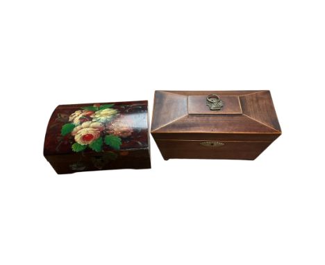 Tea caddy, of sarcophagus shape with two lidded caddies inside, on bun feet, together with a lidded box painted with flowers 