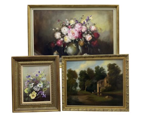 Large Still Life of flowers, oil on canvas unsigned, together with an oil of Fishermen and a framed print (3)