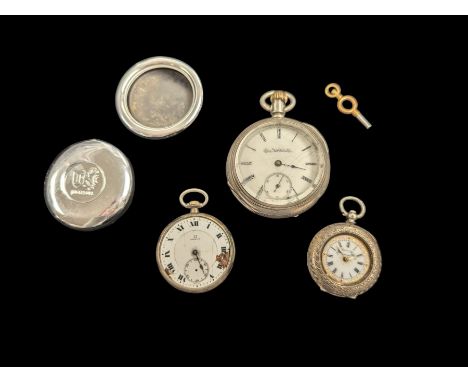 Three pocket/fob watches, comprising Elgin Natt Watch Co. base metal example, Omega 900 silver example and Graves Sheffield 9