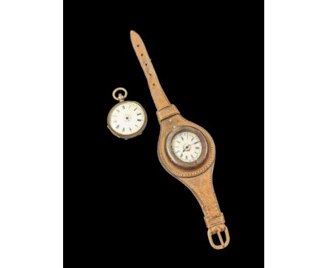 Two continental silver fob watches with enamel dials, one stamped 800, one stamped 935 and in leather wriststrap