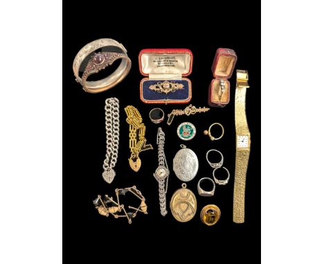9ct gold, silver and costume jewellery, including Victorian 9ct gold brooch, 9ct gold and silver paste ring, silver bangle, s
