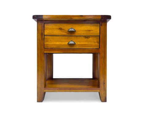 Contemporary hardwood side table, rectangular top over two drawers with shell cup handles, open shelf below, raised on square
