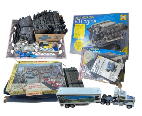 Meccano Circuit 24 Scalextric, large collection of track, Nylint tin plate lorry, Haynes Build Your Own V8 Engine, etc