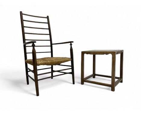 Early 20th century beech ladder back armchair with rush seat (W48cm); early 20th century Chinese hardwood low occasional tabl