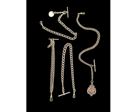 Four silver Albert chains, including curb link example with plated enamel fob and one with plated clip, all silver stamped or
